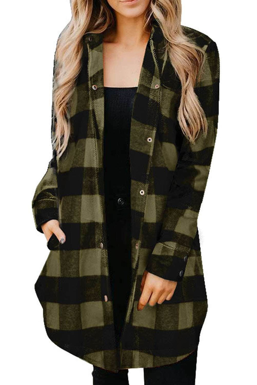 Green Turn-down Collar Plaid Shirt Coat