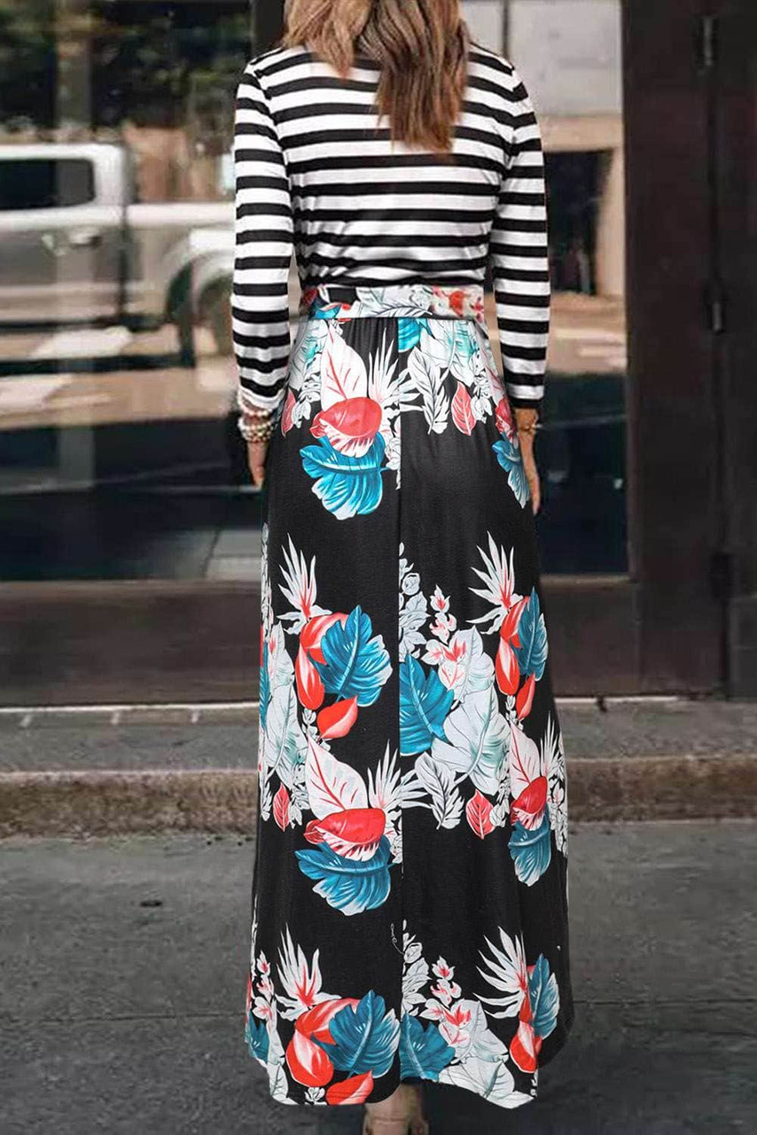 Striped Floral O-Neck Long Dress