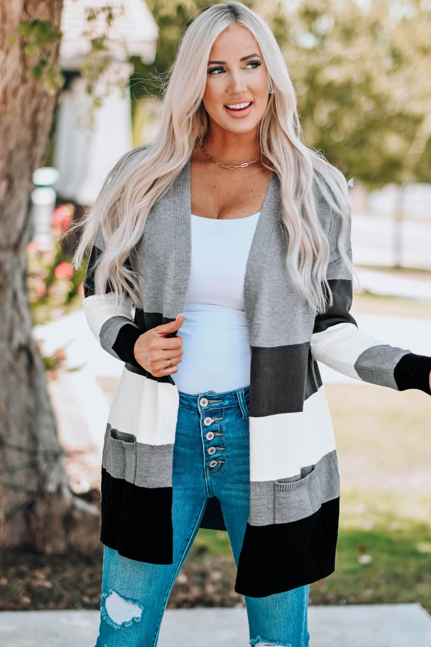 Gray Open Front Colorblock Cardigan with Pockets