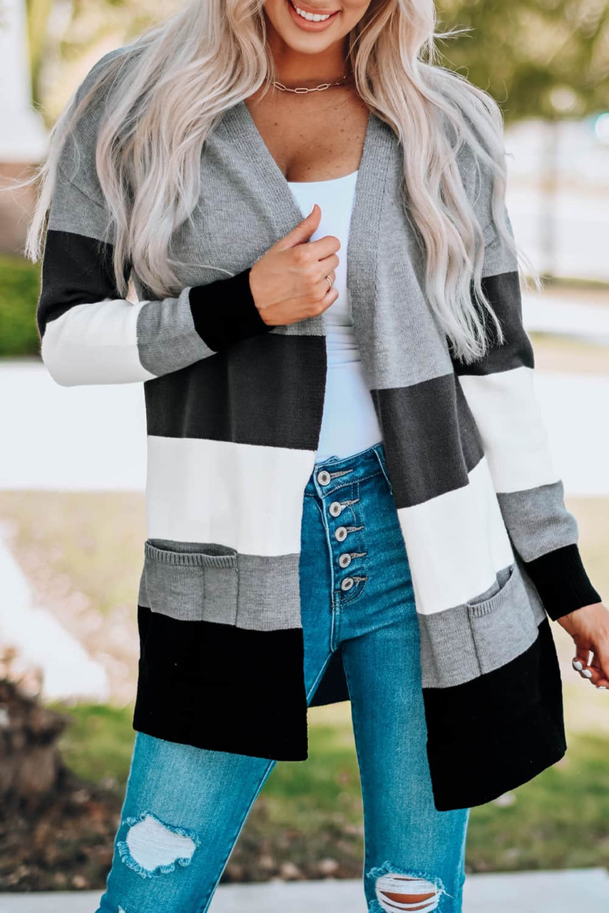 Gray Open Front Colorblock Cardigan with Pockets