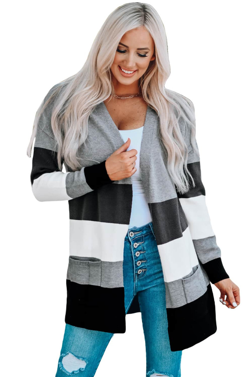 Gray Open Front Colorblock Cardigan with Pockets