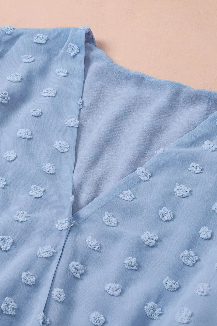 Sky Blue Polka Dot Print Deep V Neck Blouse