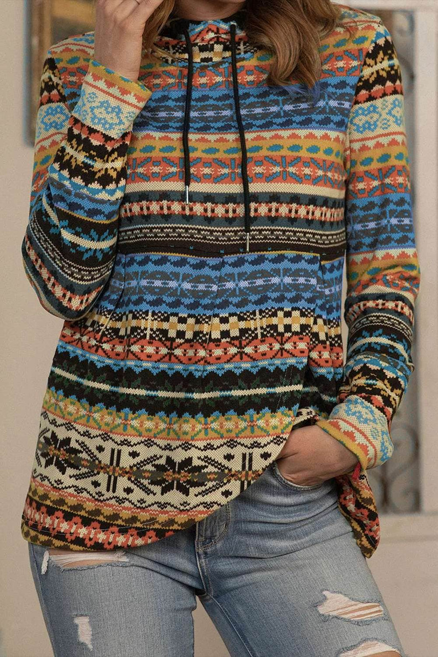 Multicolor Tribal Print Pullover Hoodie