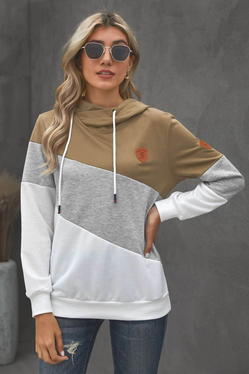 Multicolor Colorblock Cowl Neck Pullover Hoodie