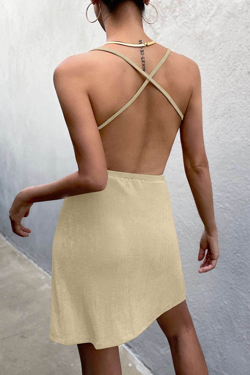 Khaki Chain Criss Cross Backless Spaghetti Strap Mini Dress