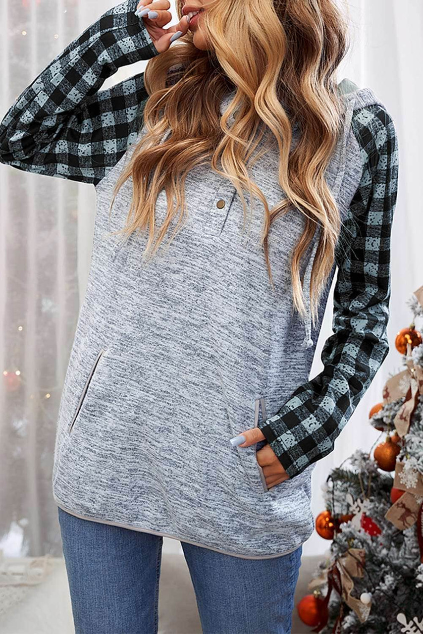 Plaid Splicing Kangaroo Pocket Buttoned Hoodie