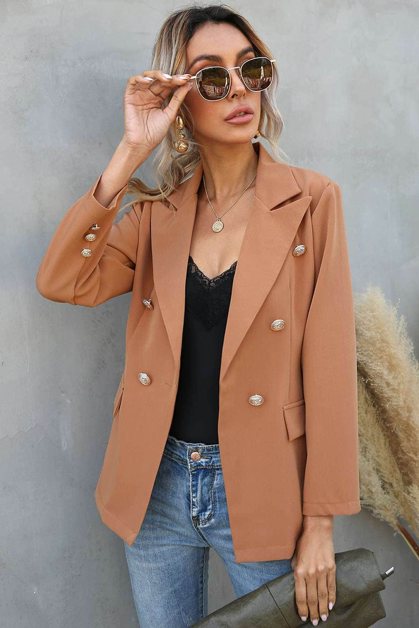Brown Double Breasted Lapel Long Sleeve Blazer