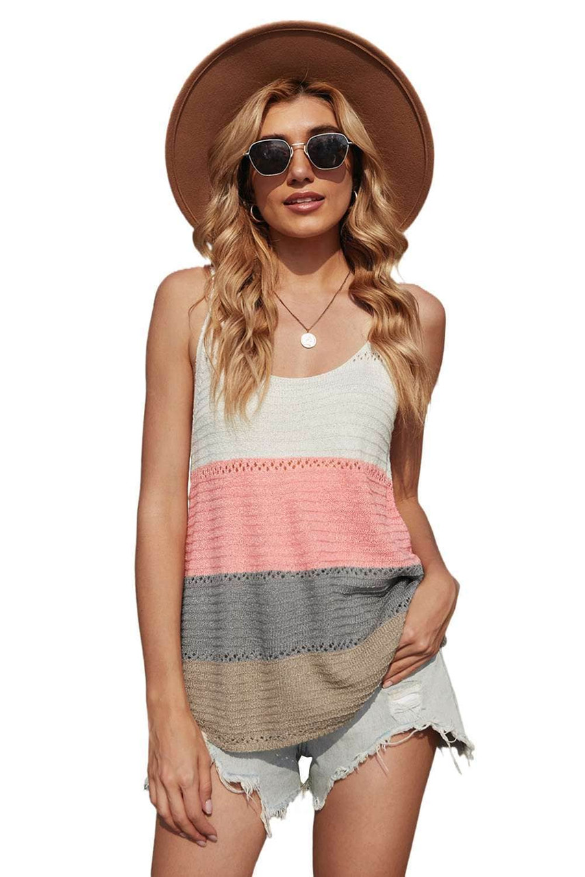 Multicolor Adjustable Spaghetti Straps Colorblock Knit Tank Top