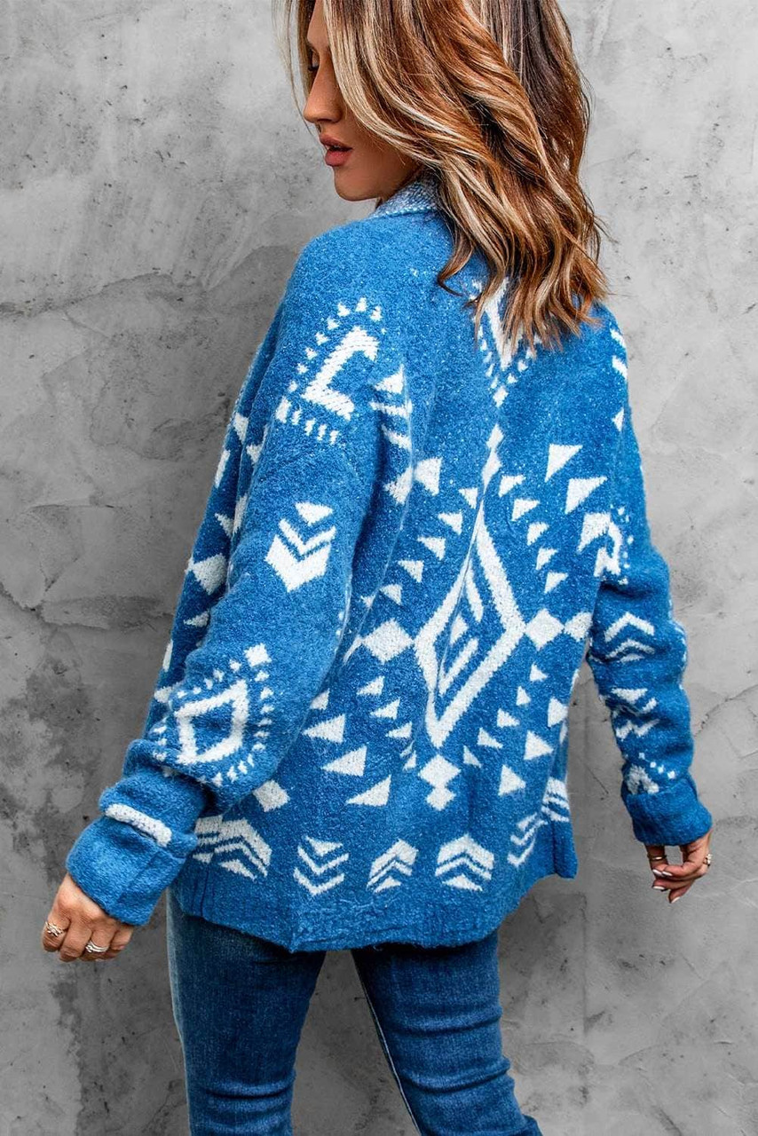 Blue  Aztec print Open Front Knitted Sweater Blue  Aztec print Open Front Knitted Sweater