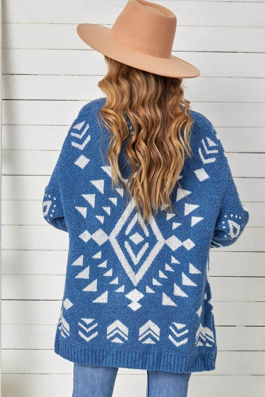 Blue  Aztec print Open Front Knitted Sweater Blue  Aztec print Open Front Knitted Sweater