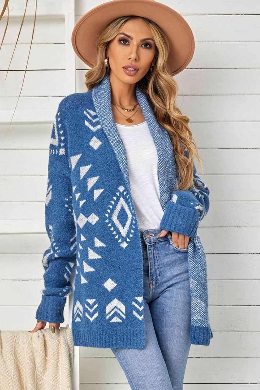 Blue  Aztec print Open Front Knitted Sweater