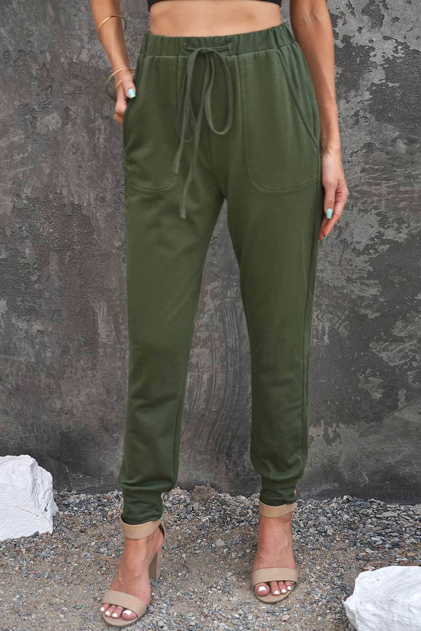 Army Green Baseball Pants Male Casual Solid Cropped Pants Drawstring Pocket  Lace Up Hem Pant Loose Trouser Legs Trousers