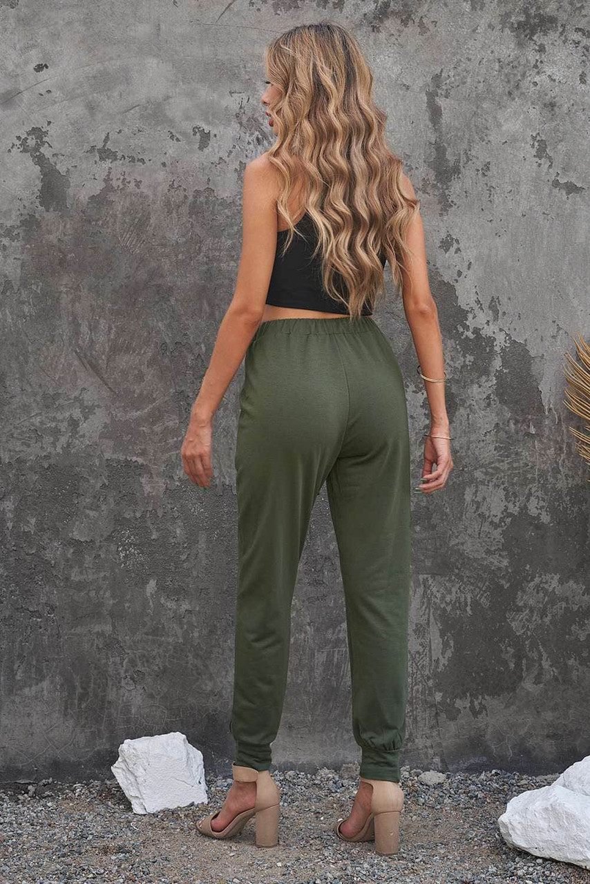 Army Green Pocketed Drawstring Casual Pants