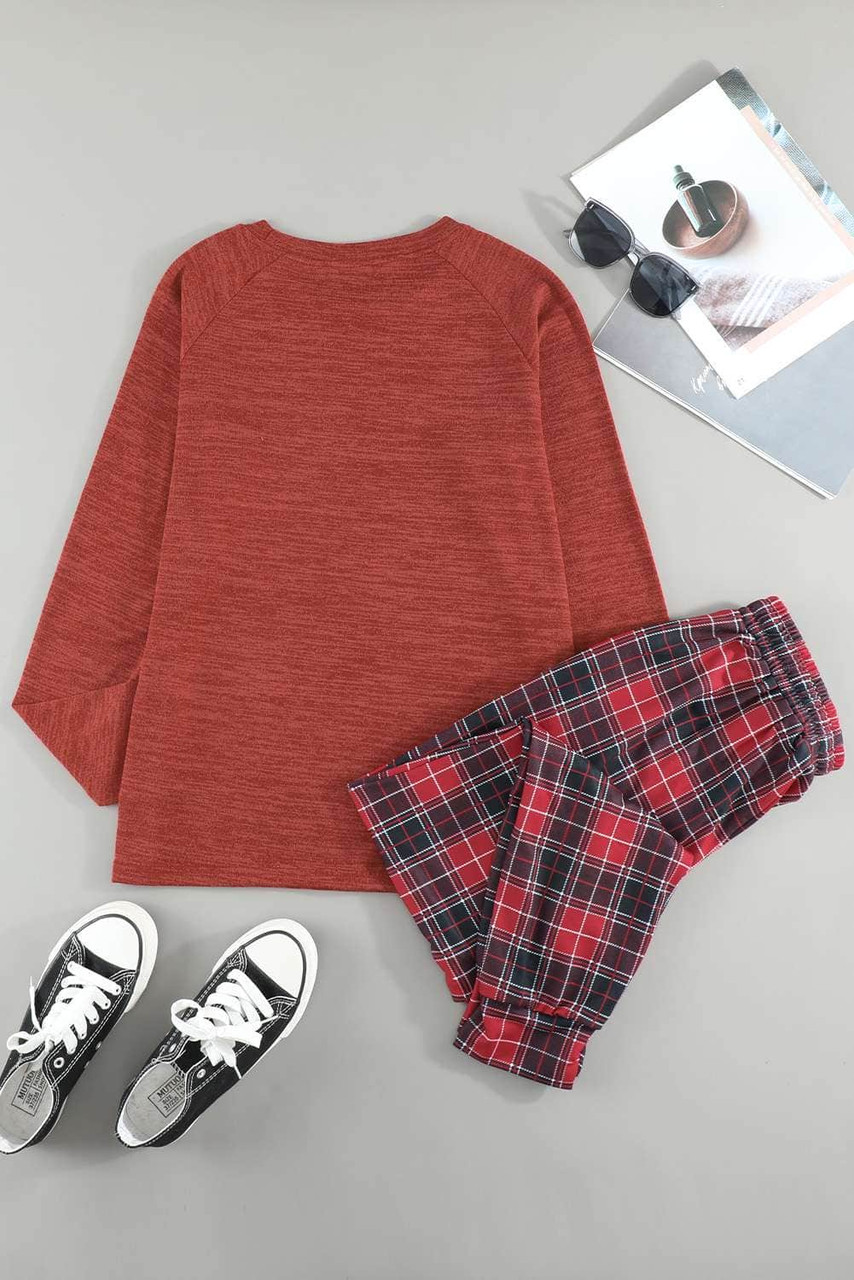 Solid Long Sleeve Top and Plaid Pants Loungewear