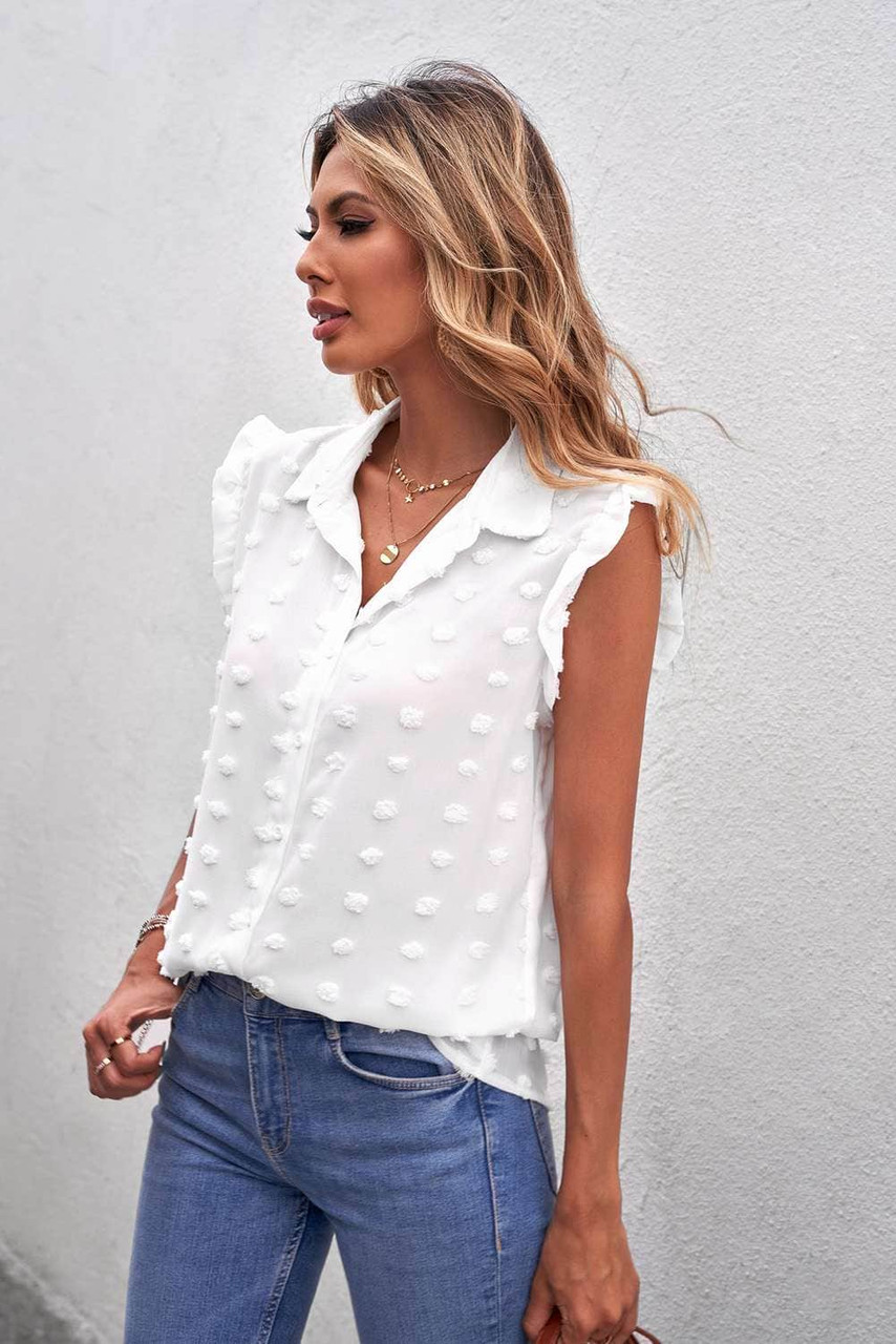 White Turn-down Collar Ruffle Polka Dot Tank