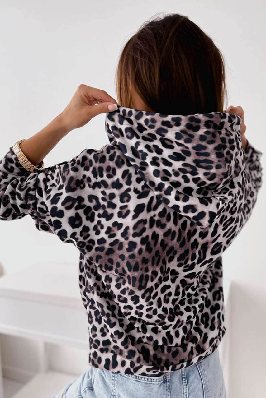 Leopard Print Kangaroo Pocket Pullover Hoodie