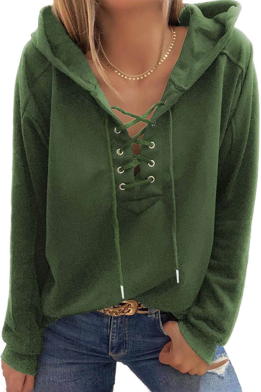 Green Casual Solid Color Lace-up Hoodie