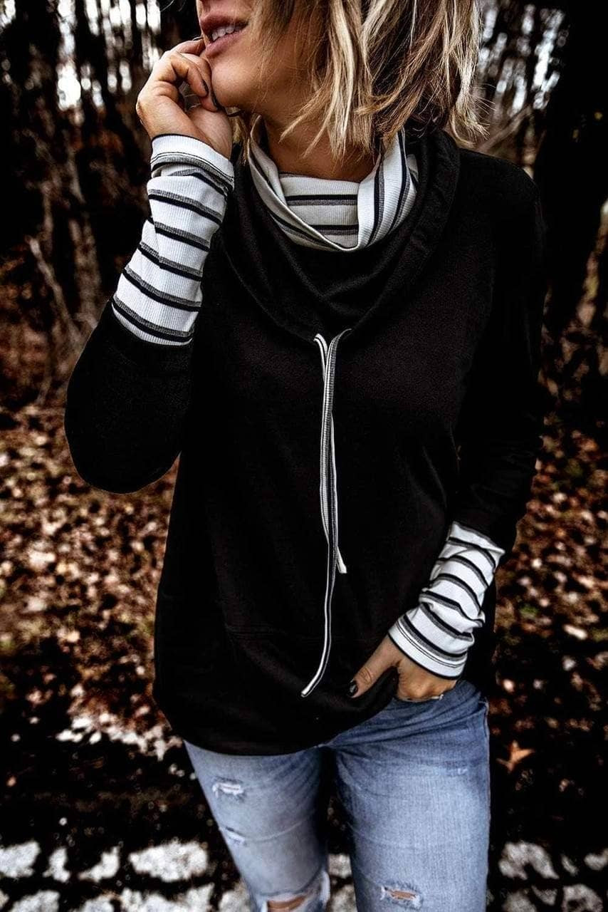 Striped Splicing High Neck Sweatshirt Striped Splicing High Neck Sweatshirt