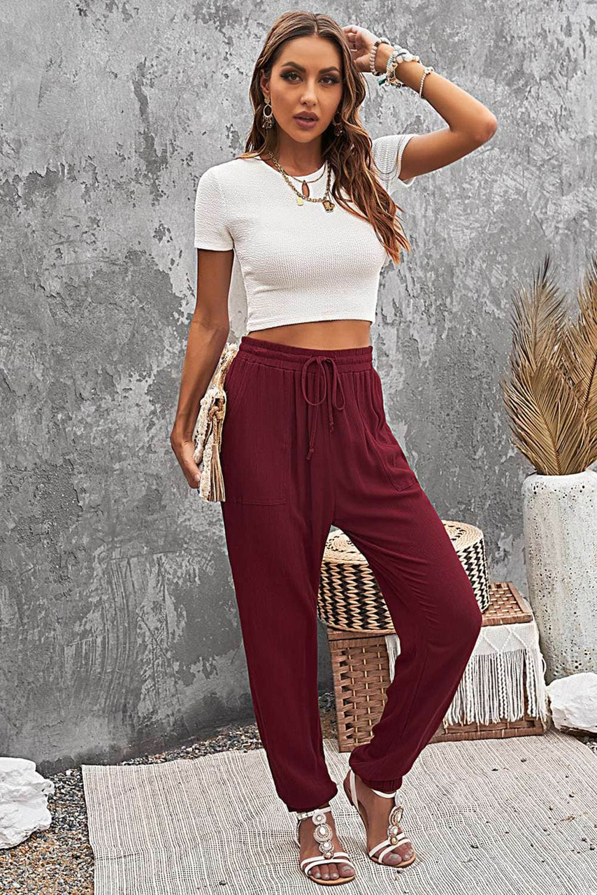 Wine Red Drawstring Elastic Waist Joggers with Pockets