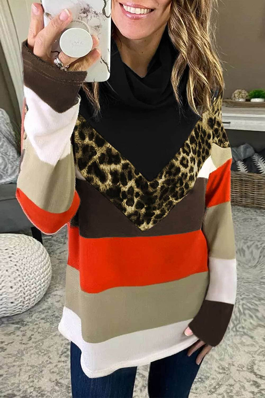 Leopard Striped Color Block Cowl Neck Blouse