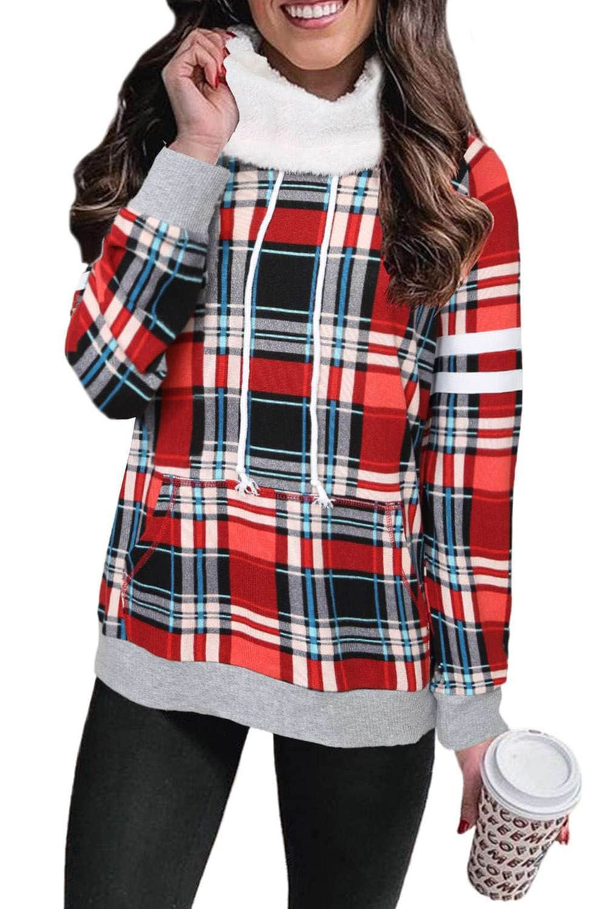 Buffalo Plaid Print Sherpa Patchwork High Neck Sweatshirt