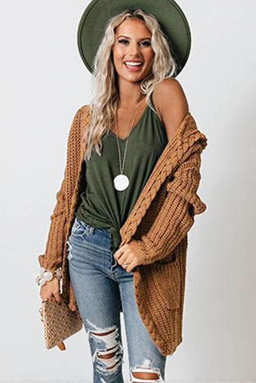 Solid Color Cable Knit Cardigan with Pockets