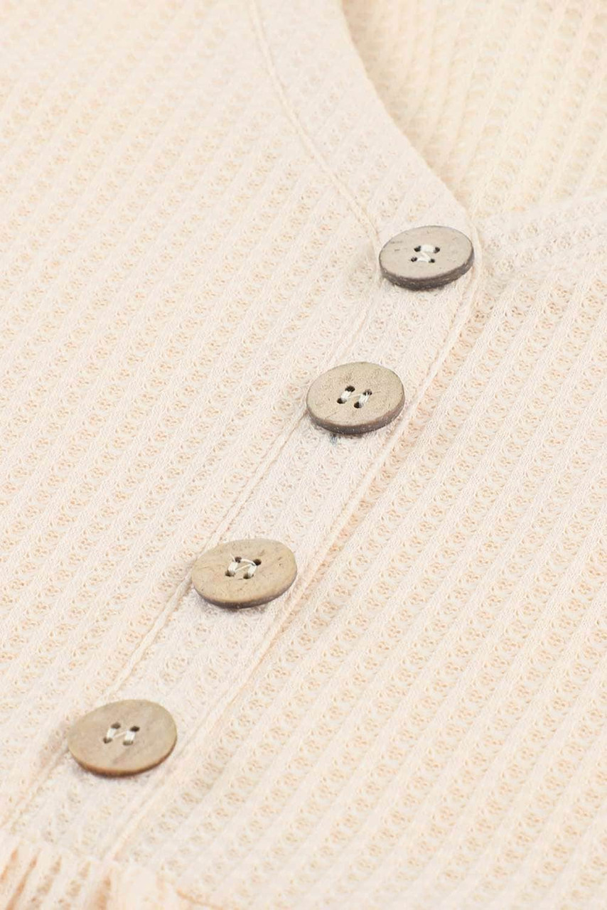 Khaki Buttoned V Neck Ruffle Waffle Long Sleeve Knit Top