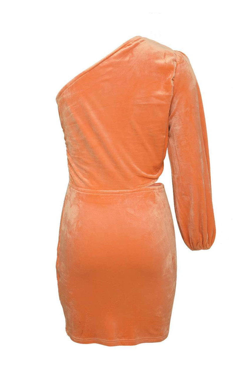 Brown One Shoulder Bubble Shoulder Cut-out Bodycon Mini Dress