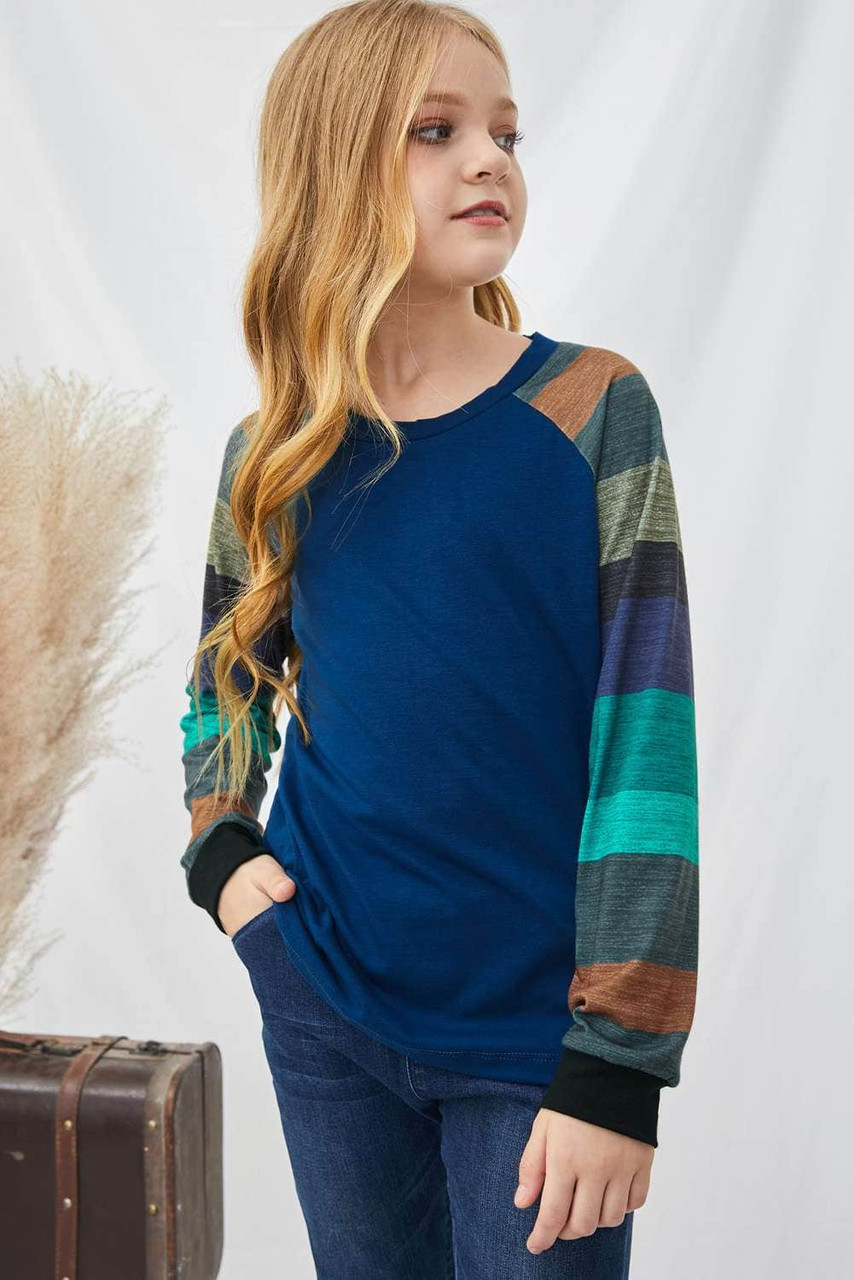 Blue Striped Color Block Girl’s Long Sleeve Top Blue Striped Color Block Girl’s Long Sleeve Top