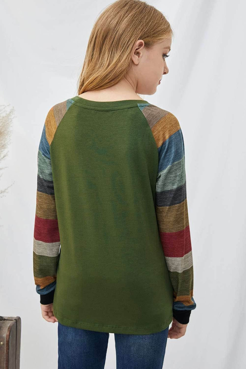Green Striped Color Block Girl’s Long Sleeve Top Green Striped Color Block Girl’s Long Sleeve Top