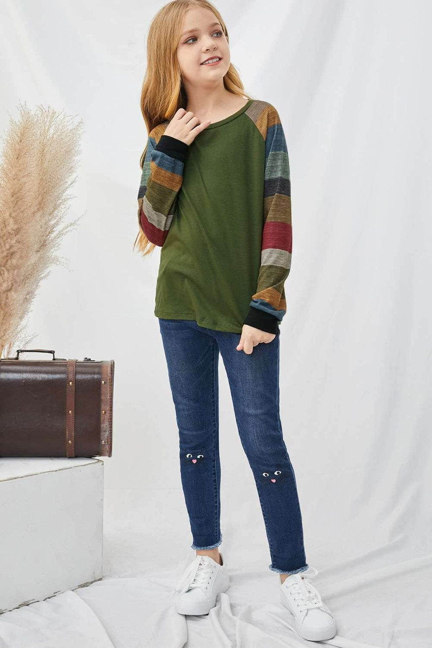 Green Striped Color Block Girl’s Long Sleeve Top