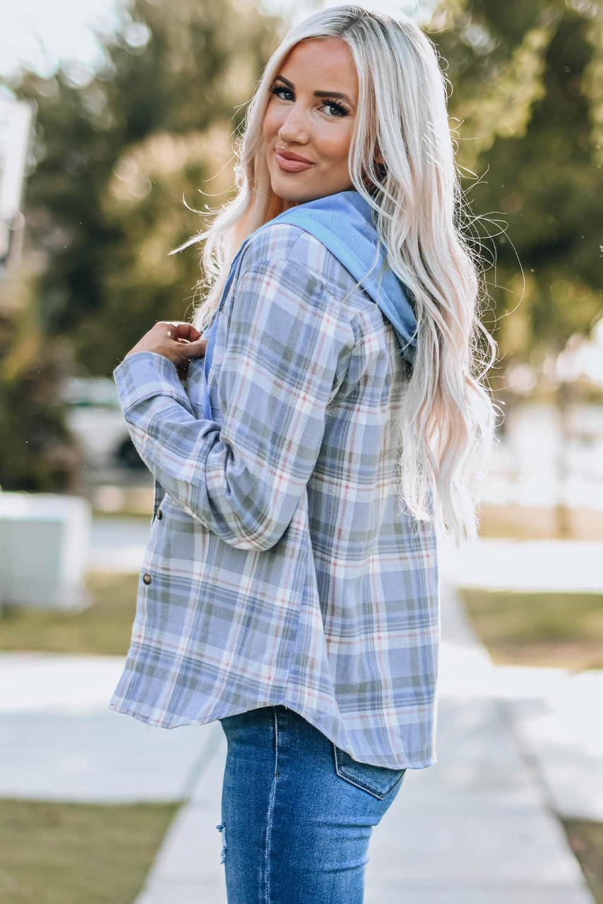 Sky Blue Plaid Print Pocket Drawstring Hooded Jacket