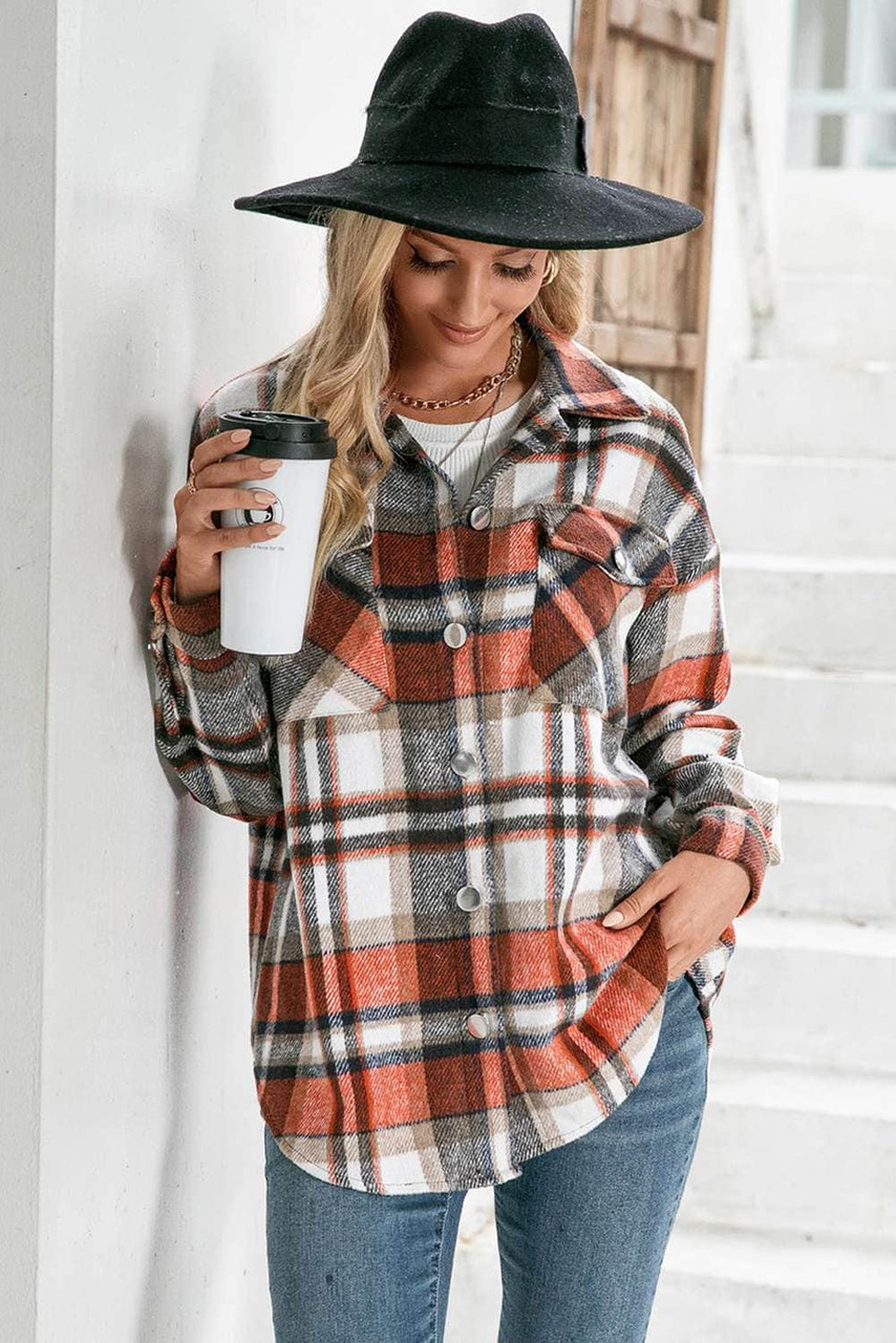 Orange Chest Pockets Flannel Plaid Shirt