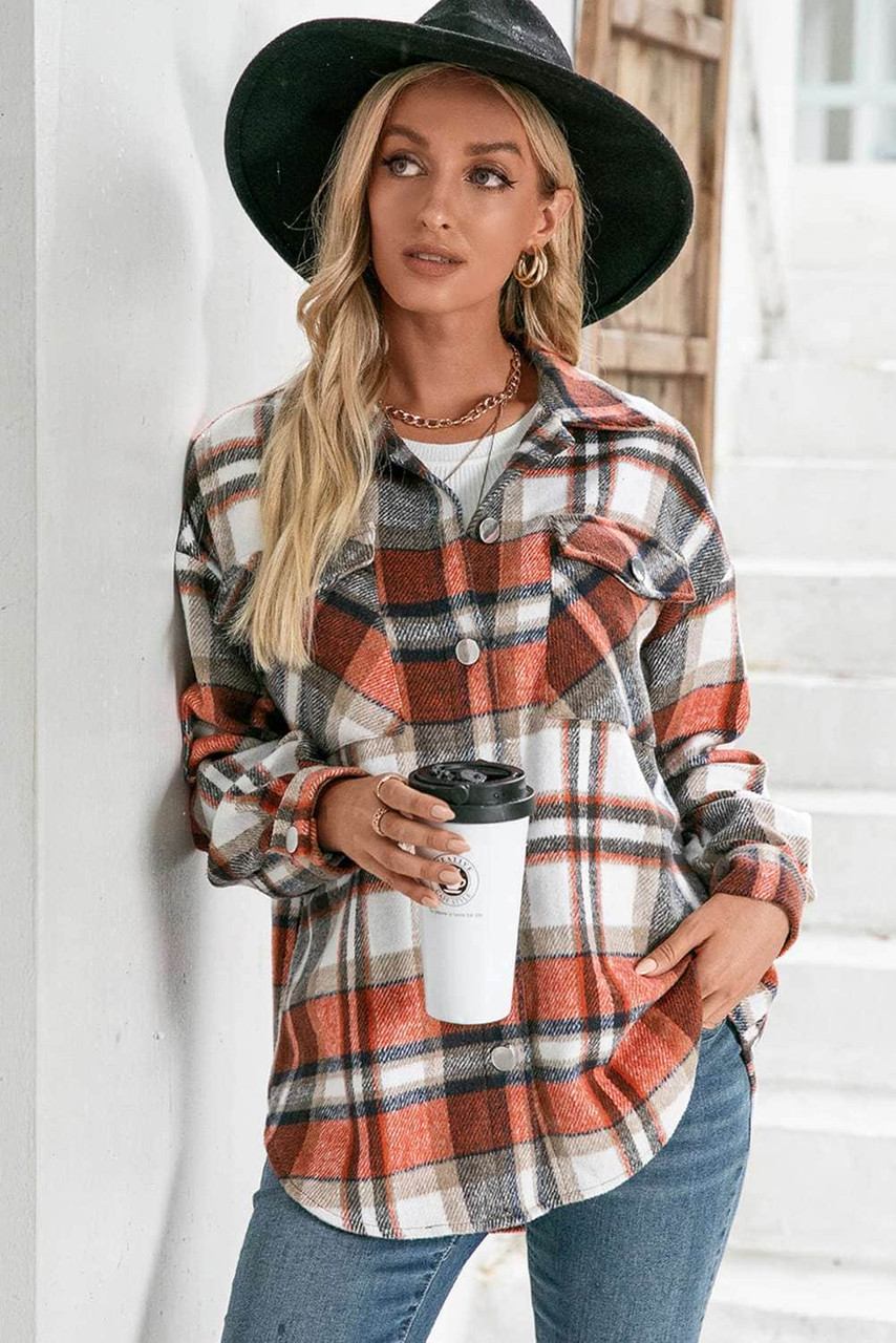 Orange Chest Pockets Flannel Plaid Shirt