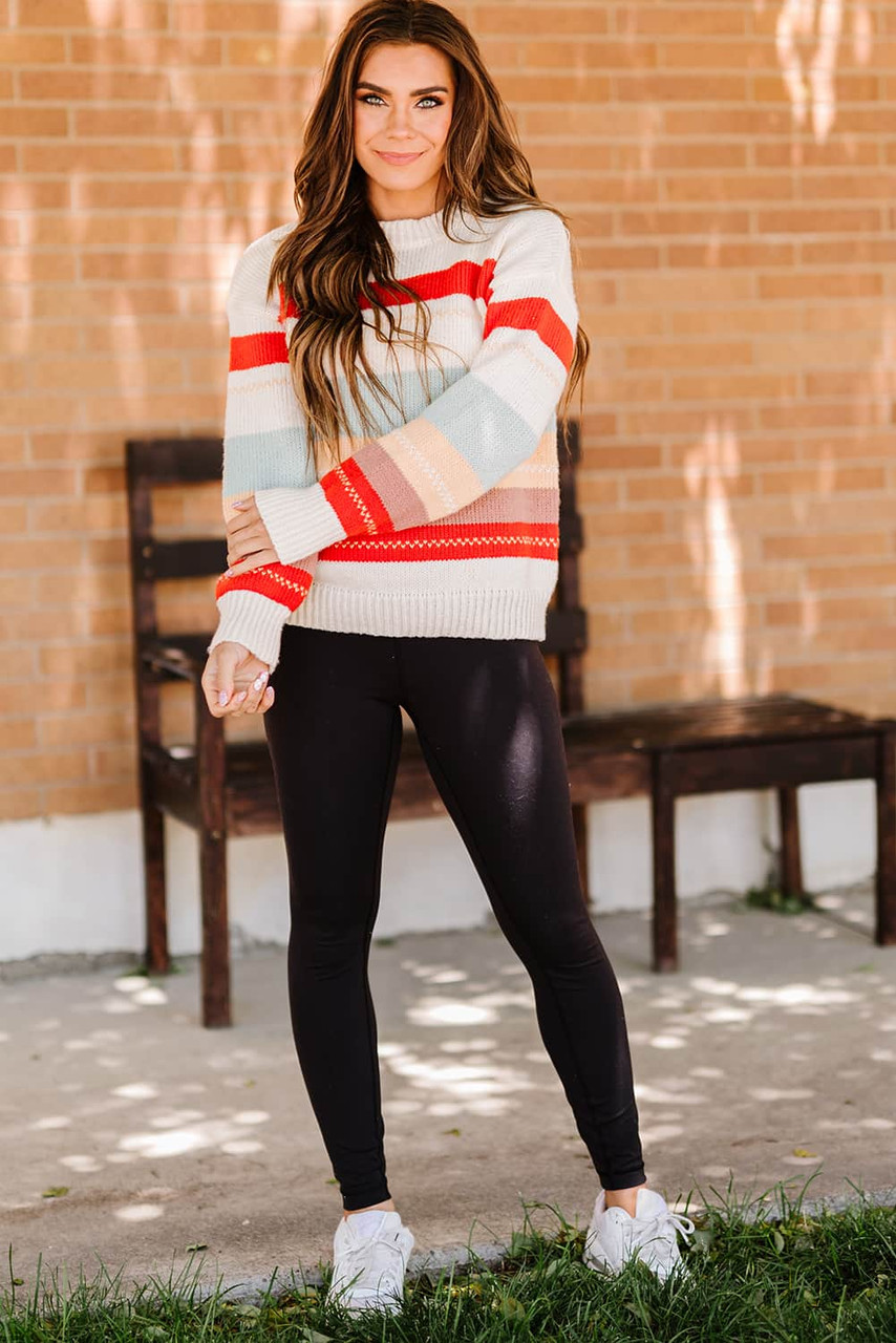 Crew Neck Drop-shoulder Striped Color Block Sweater