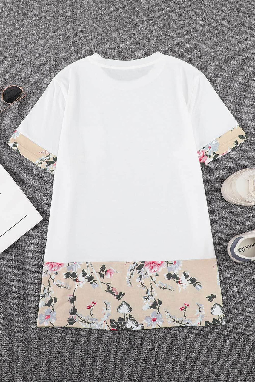 White Sequins Accent Floral Splicing Tee