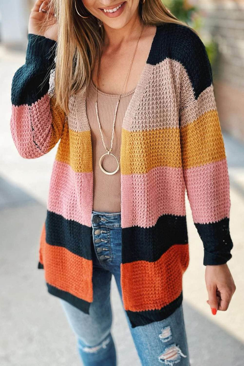 Waffle Knit Color Block Open Front Cardigan