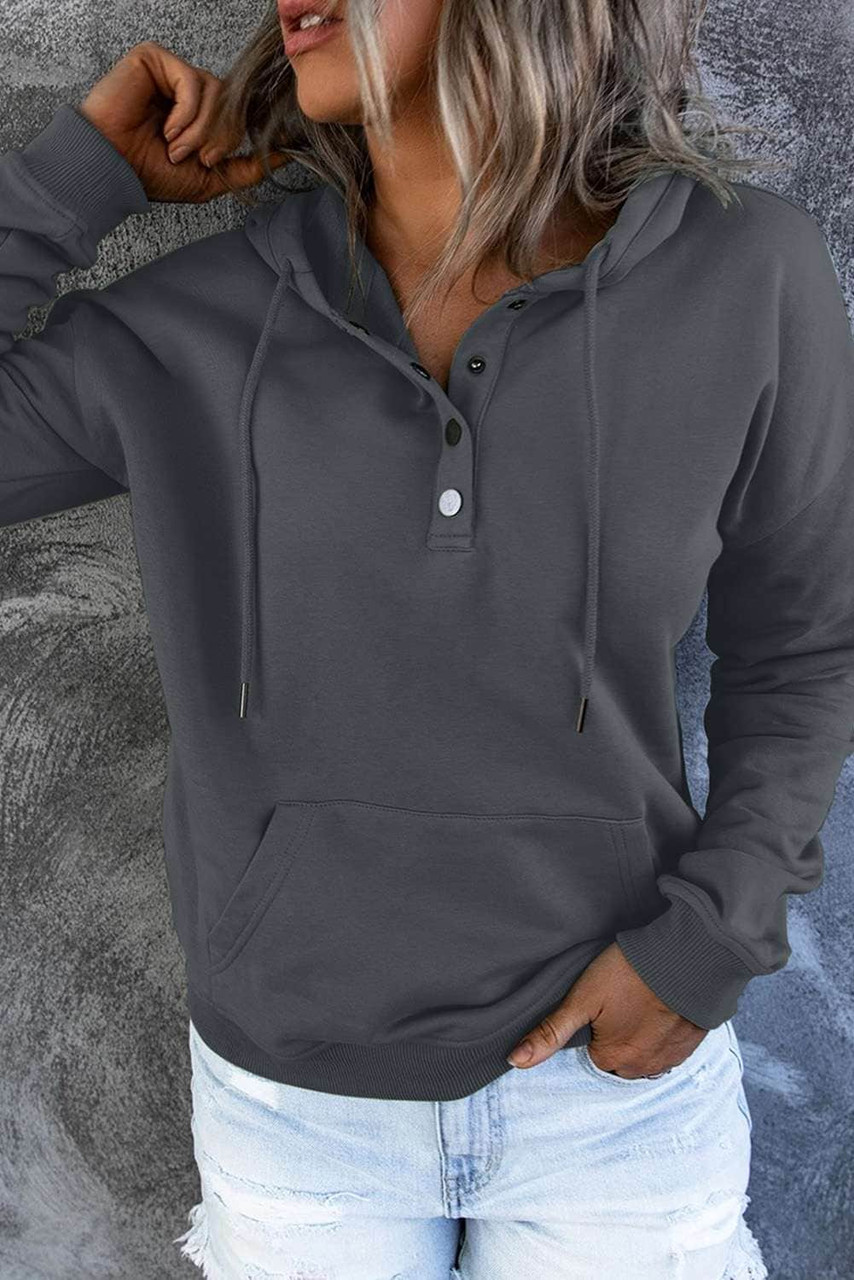 Gray Snap Button Pullover Hoodie with Pocket