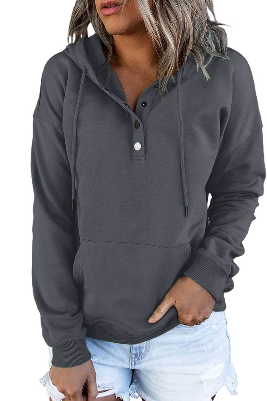 Gray Snap Button Pullover Hoodie with Pocket