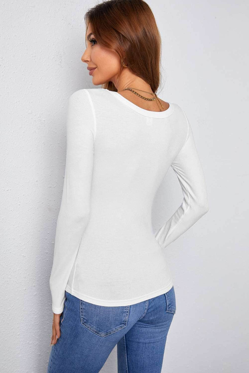 White Solid Slim-fit Long Sleeve Top