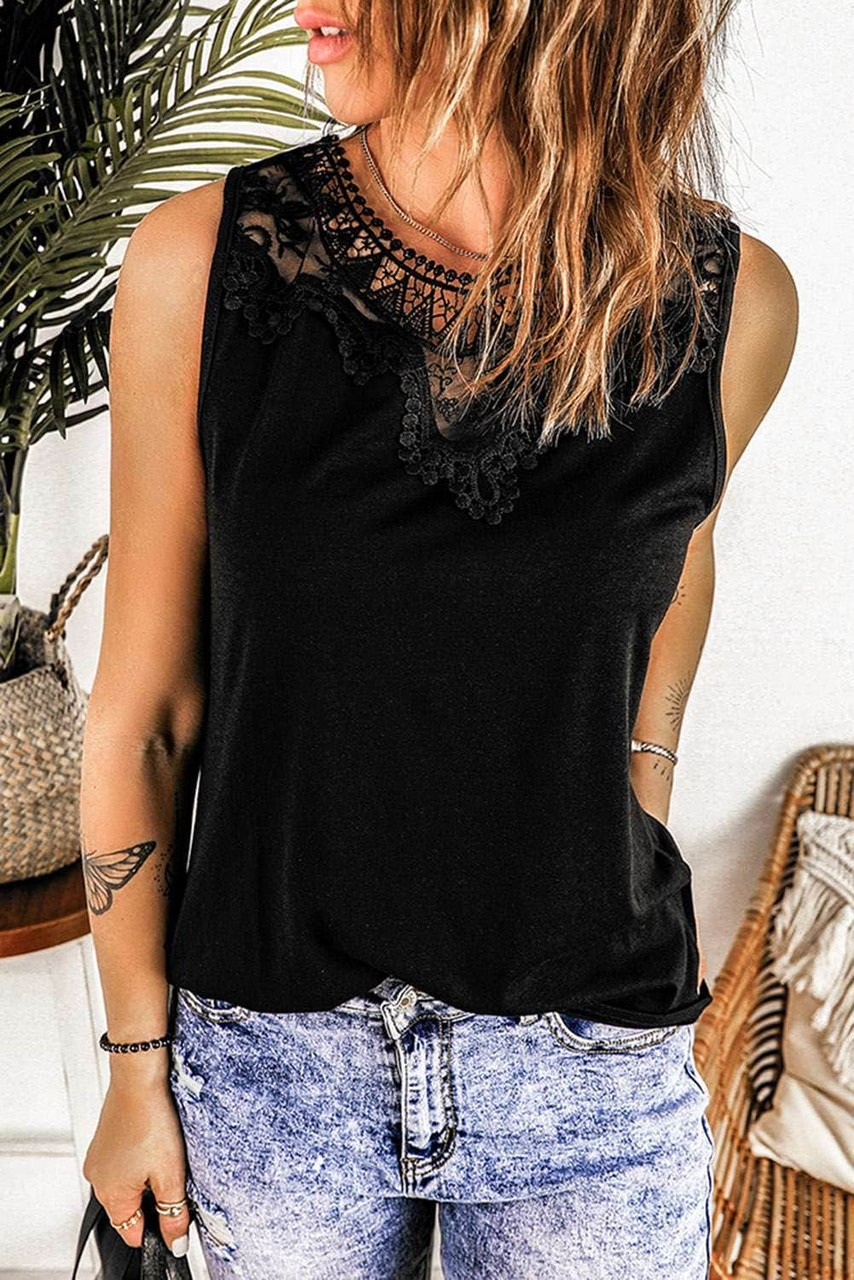Black Crochet Lace Trim Tank Black Crochet Lace Trim Tank