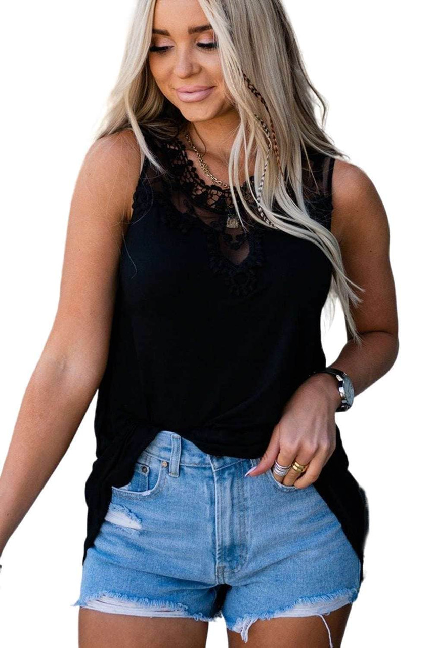 Black Crochet Lace Trim Tank Black Crochet Lace Trim Tank