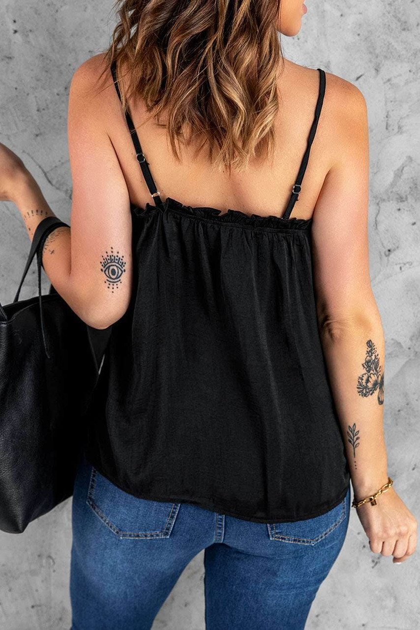 Black V-Neck Ruffle Adjustable Spaghetti Strap Tank Top