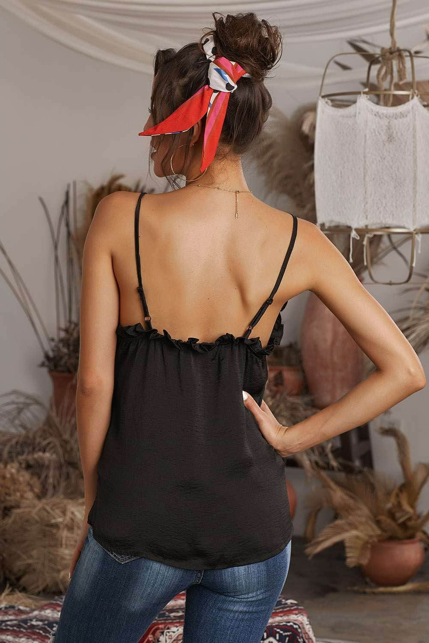 Black V-Neck Ruffle Adjustable Spaghetti Strap Tank Top