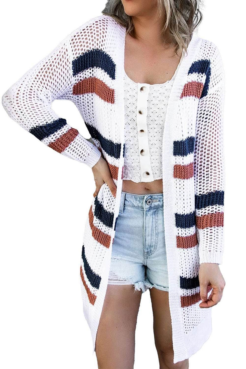 Striped Fishnet Knitted Cardigan