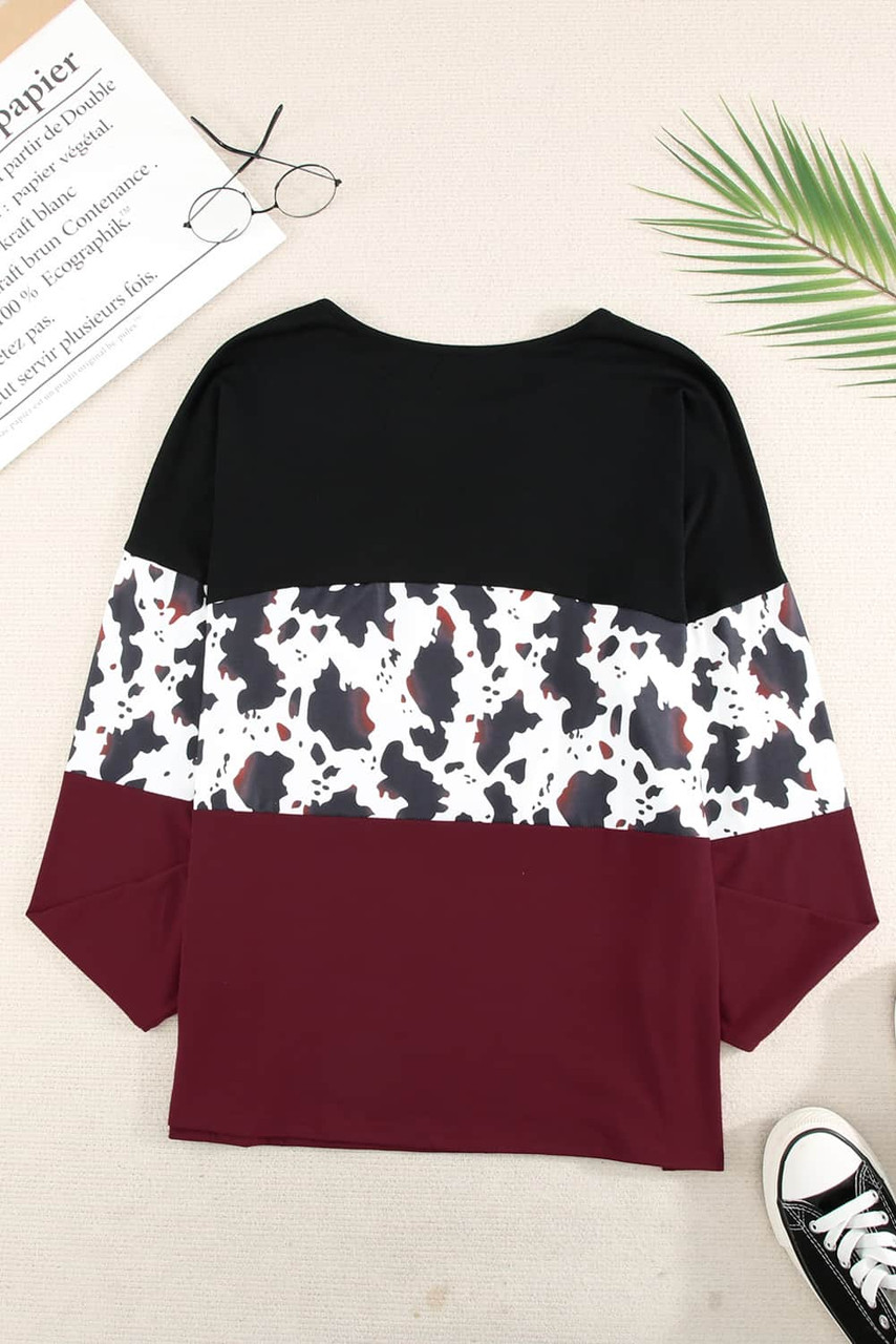 Cow Print Color Block Long Sleeve Blouse