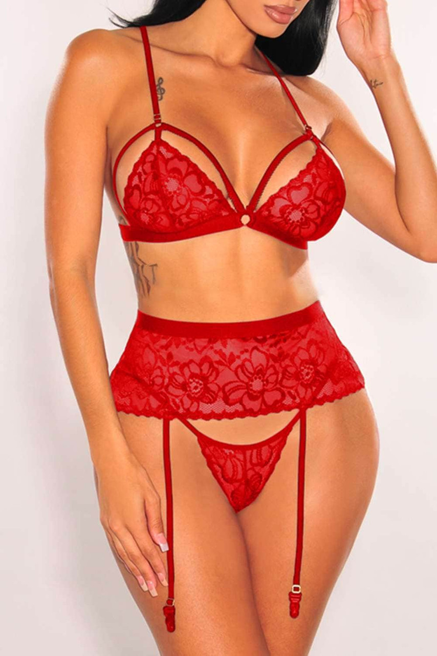 Women Lace Lingerie Set,Lace Bra and panty with Girdled 3 Pieces Set