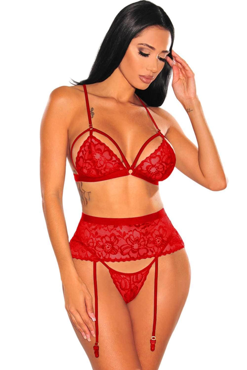 Red Lace Strappy 3pcs Lingerie Set with Garter Belt