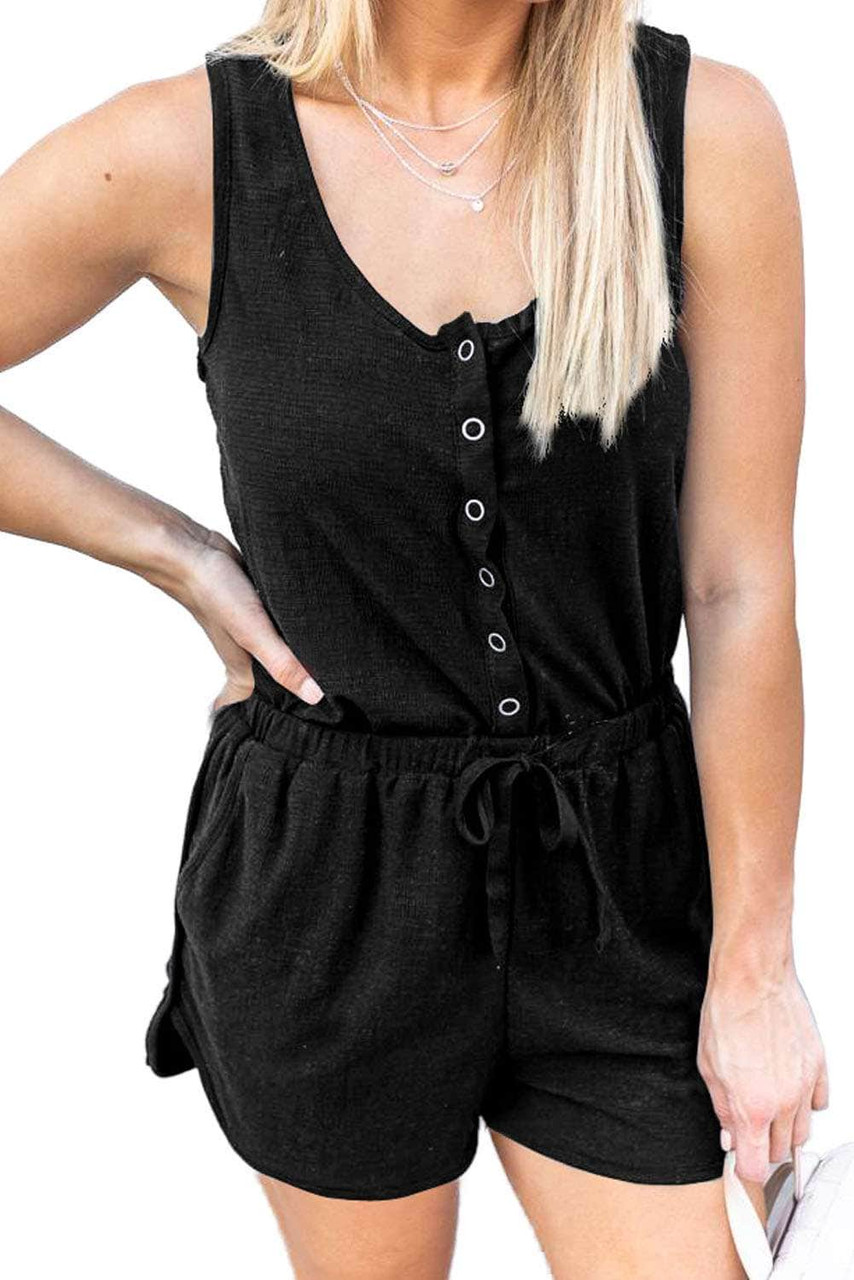 Black Buttons Drawstring Elastic Waist Sleeveless Romper