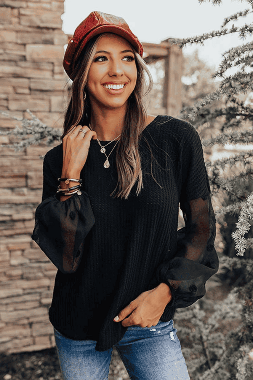 Polka Dot Mesh Sleeve Waffle Knit Top